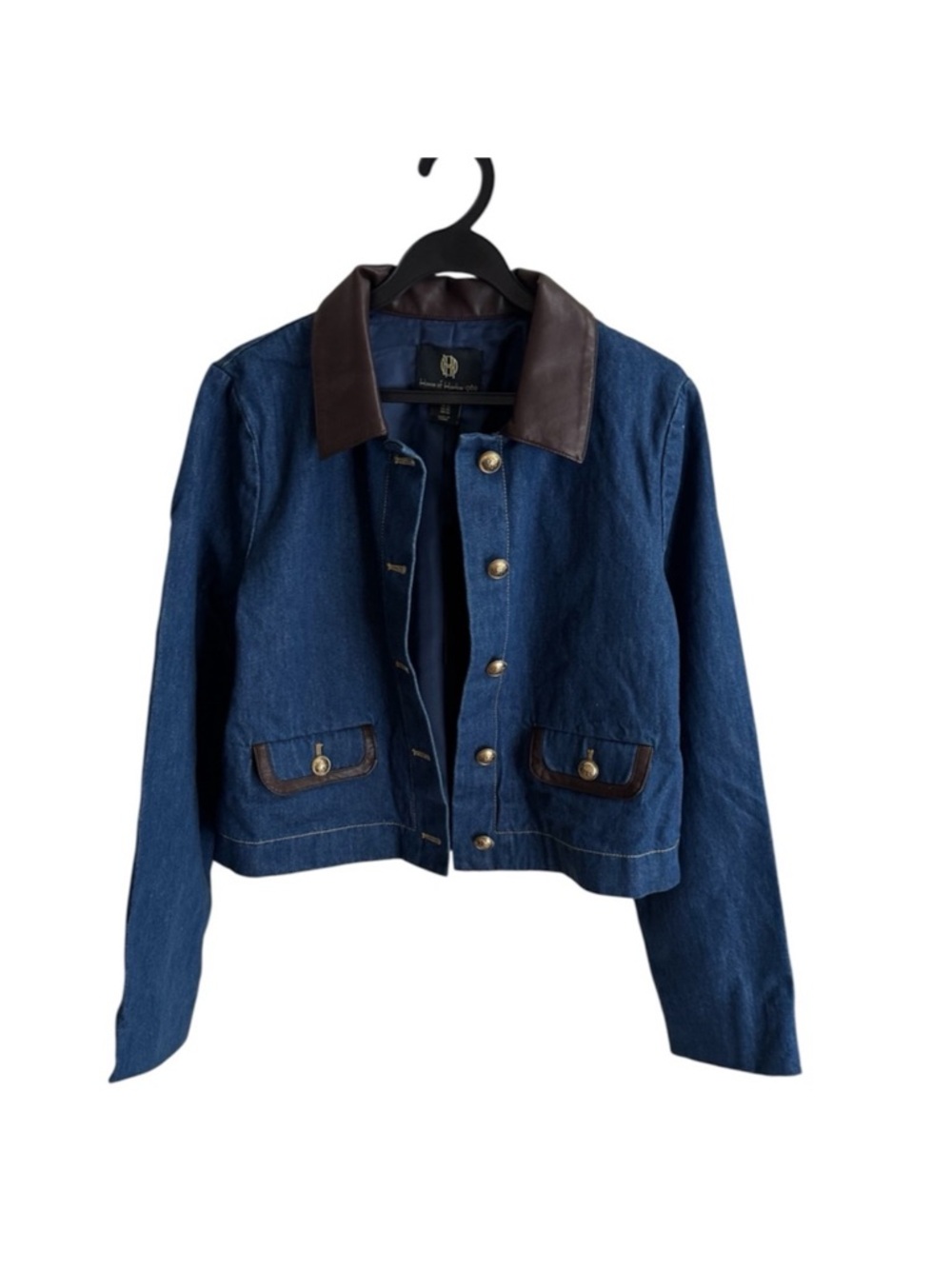 House of Harlow 1960 Denim Jacket with Gold Buttons Faux Leather Trim - Picture 2 of 8